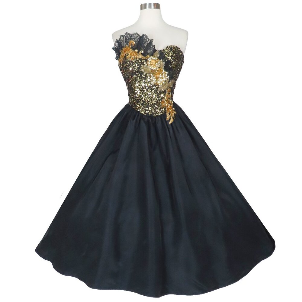 Vintage 80s Black Gold Strapless Sequin Full Skirt Loralie Prom Party Dress XXS